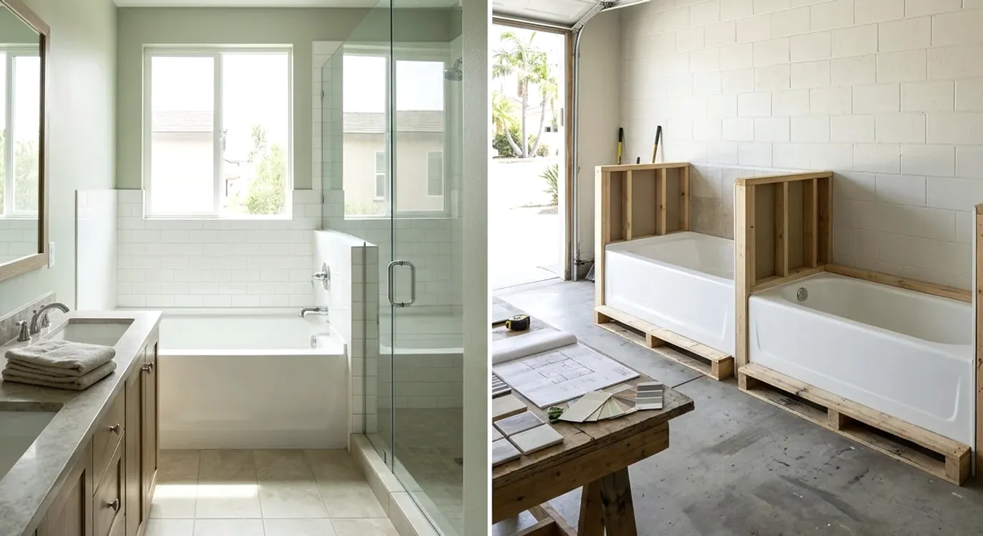 Finished bathroom tub beside two new bathtubs waiting on a job site