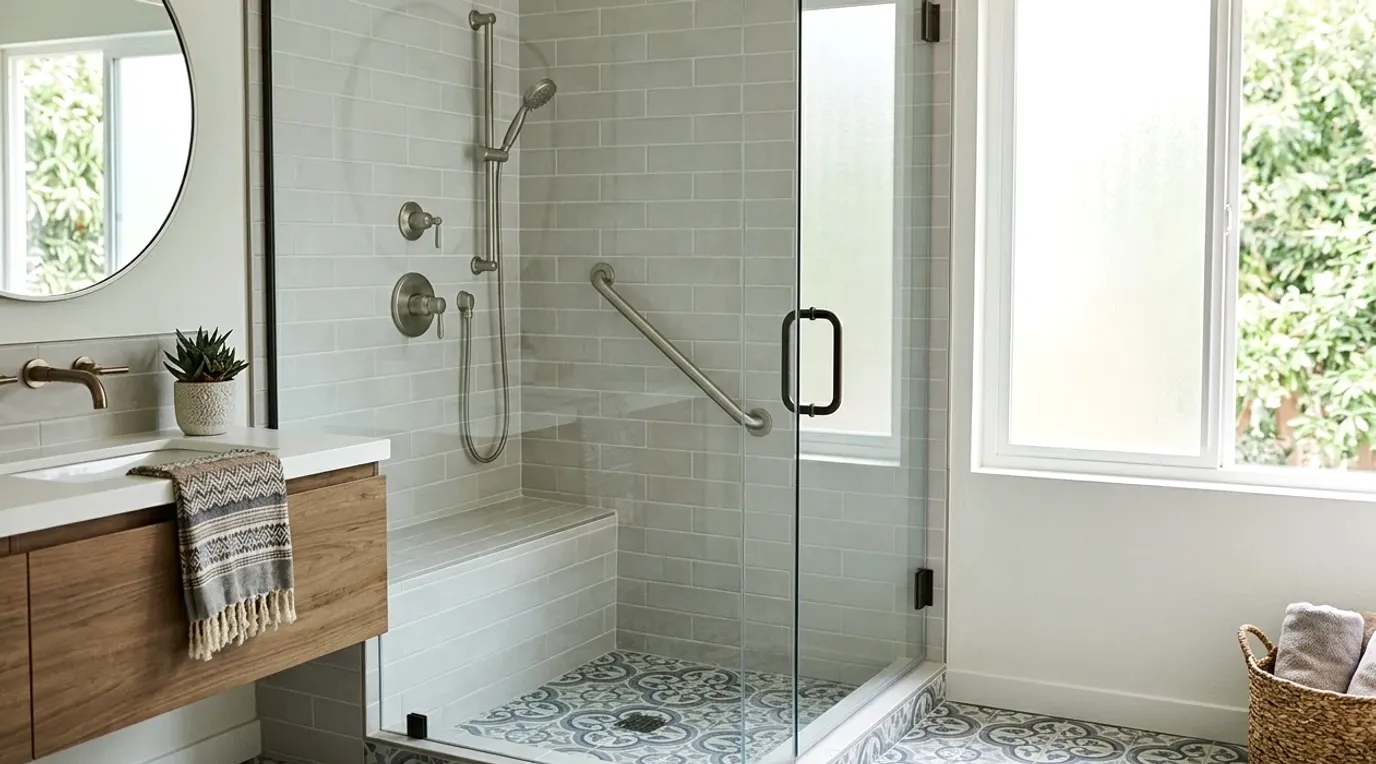 Walk-in shower with a grab bar, handheld shower and glass door