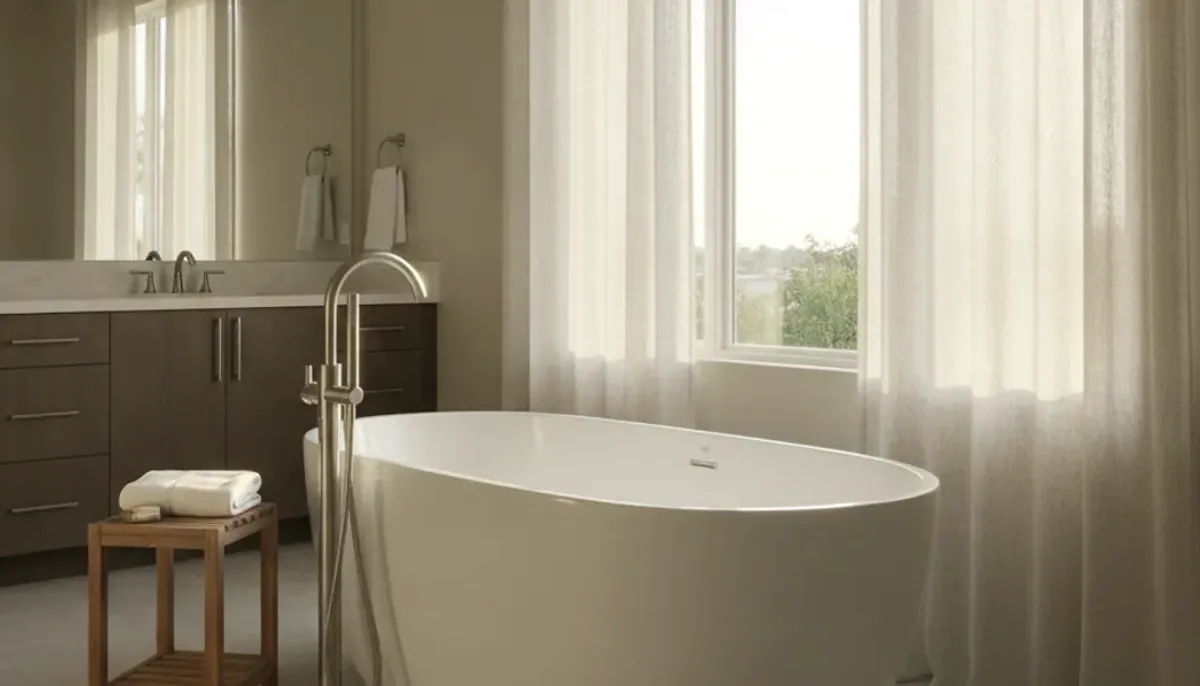 Freestanding soaking tub with a floor-mounted faucet by a window