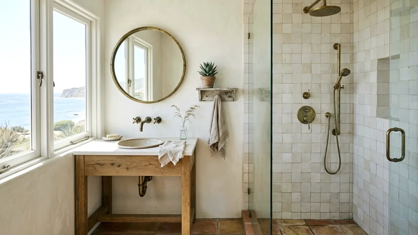 Bright bathroom with an ocean view window, round mirror and tiled walk-in shower