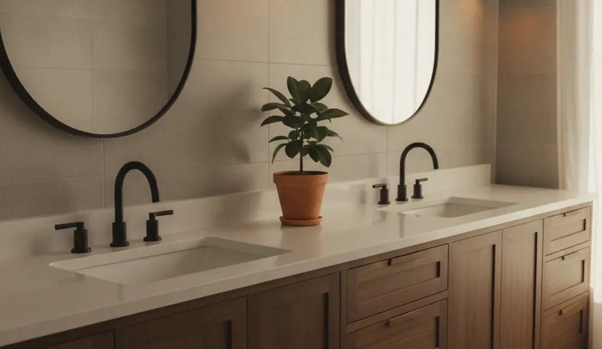 Double vanity with black faucets, round mirrors and a potted plant