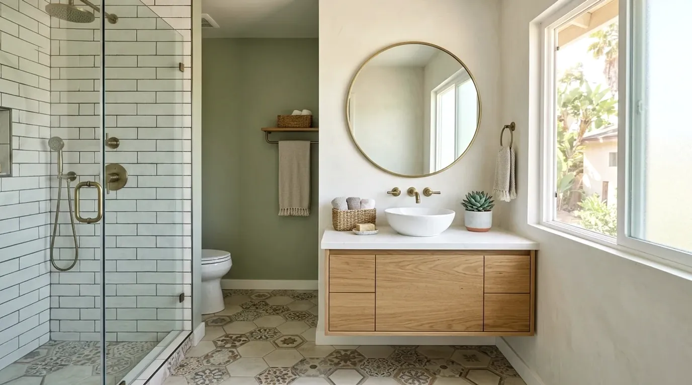Updated bathroom with a glass shower, floating wood vanity and patterned floor tile