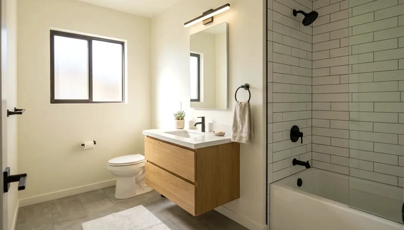 Small remodeled bathroom with a wood floating vanity, subway tile tub surround and black fixtures