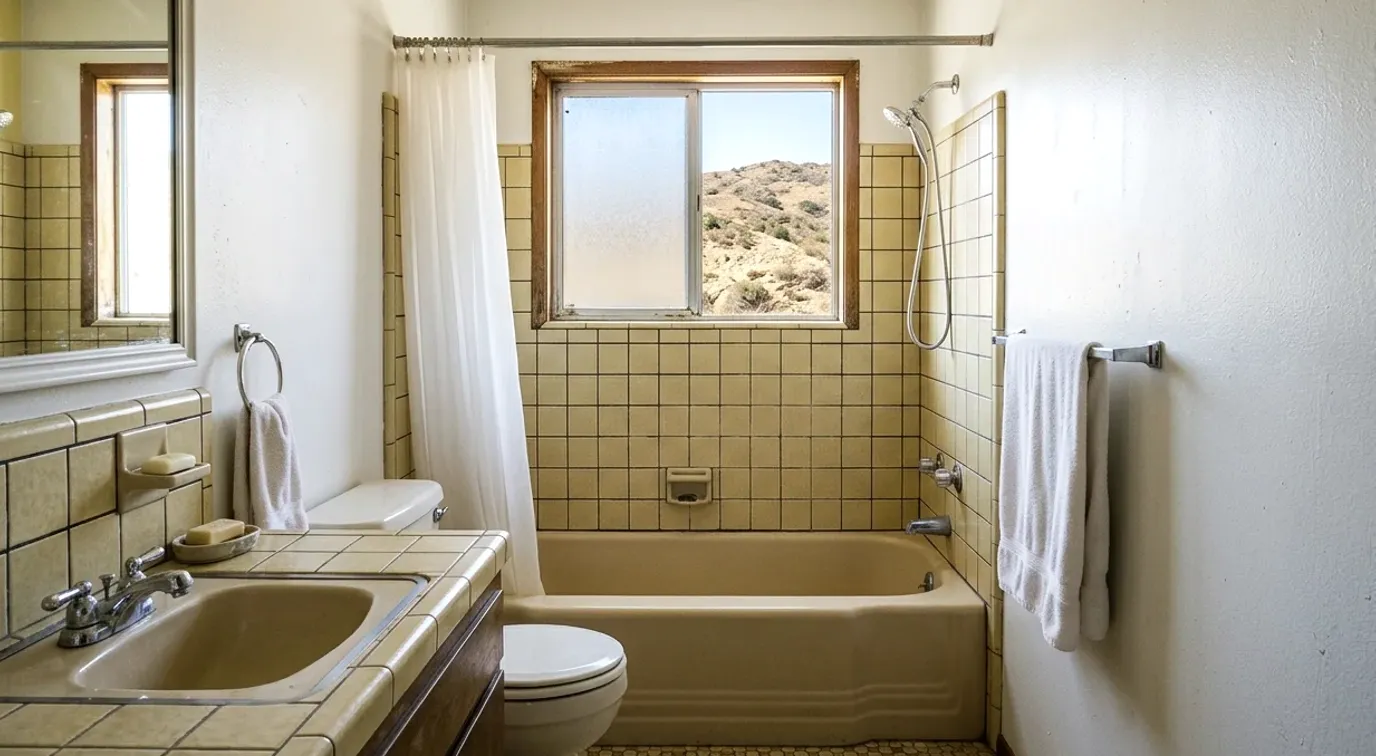 Original hall bathroom with yellow tile, a tub and a tile counter