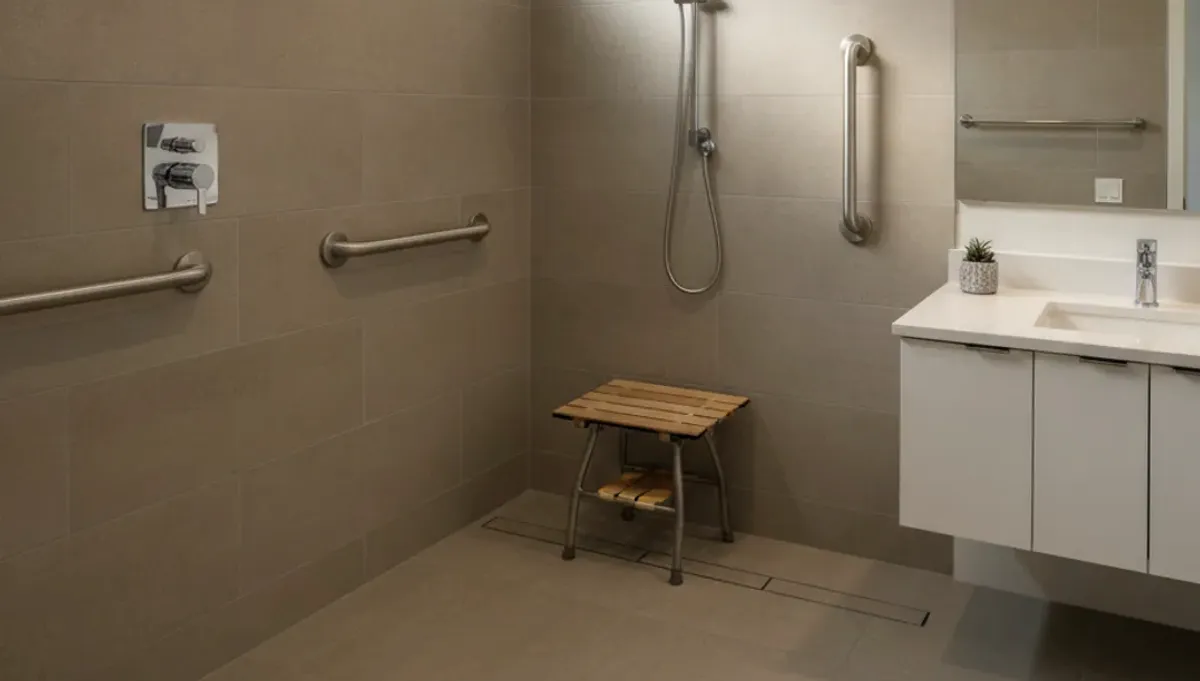 Accessible shower with grab bars, a handheld shower and a wood bench