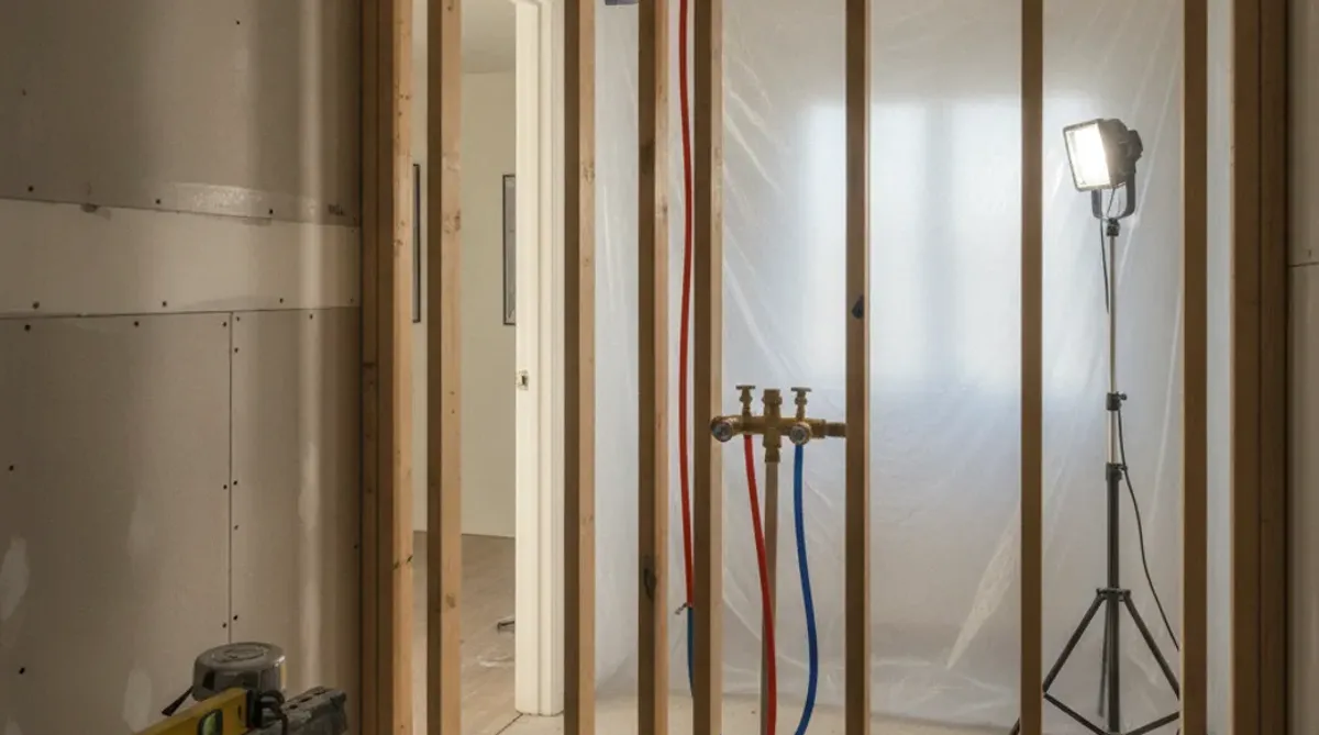 Bathroom mid-remodel with open stud walls and new supply lines