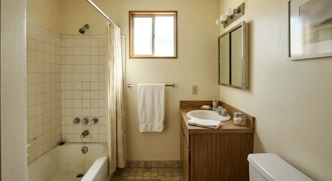Older hall bathroom with cream tile, a tub and a wood vanity