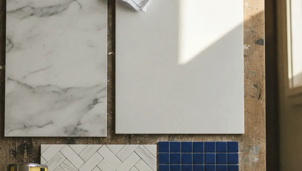 Large marble-look tile and white tile samples beside blue mosaic tile