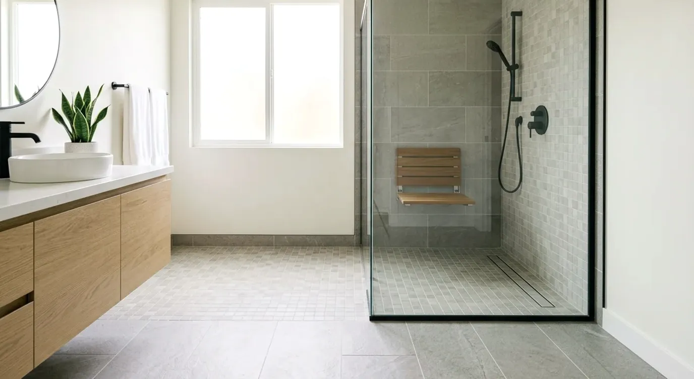 Curbless walk-in shower behind a glass panel with a fold-down seat