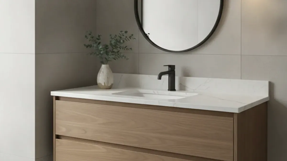 Round mirror over a wood vanity with a white top and black faucet