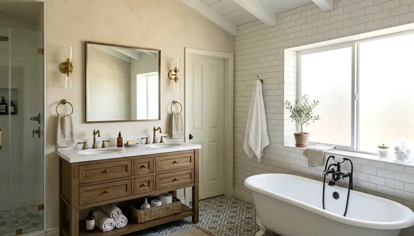Bathroom with a double wood vanity, brass sconces and a clawfoot tub