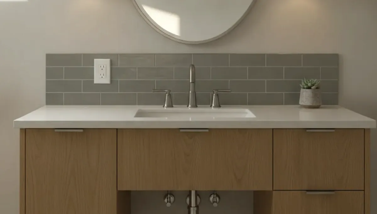 Wood vanity under a gray backsplash with an outlet beside the mirror