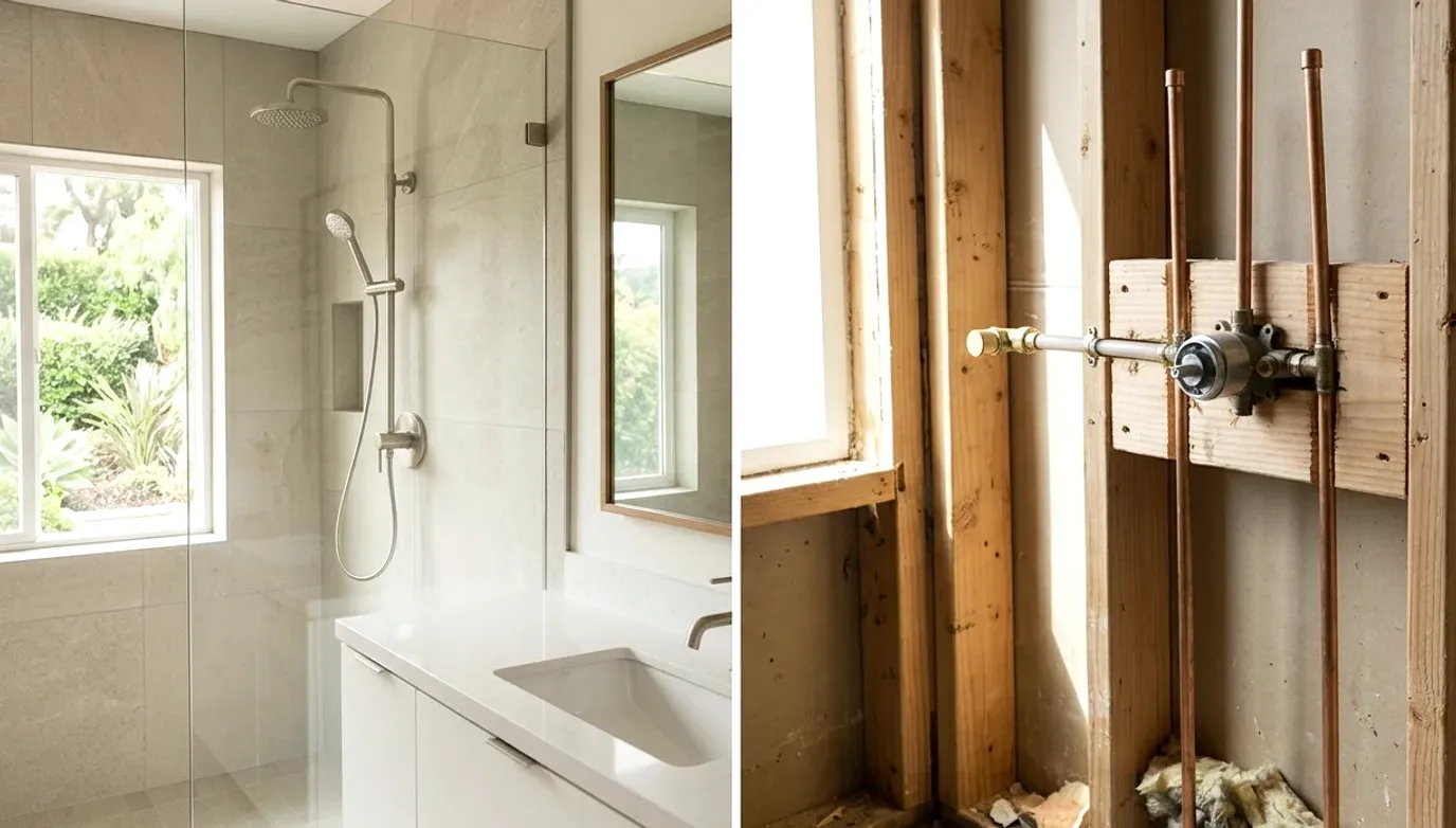 Finished shower beside an open wall showing the shower valve and pipes