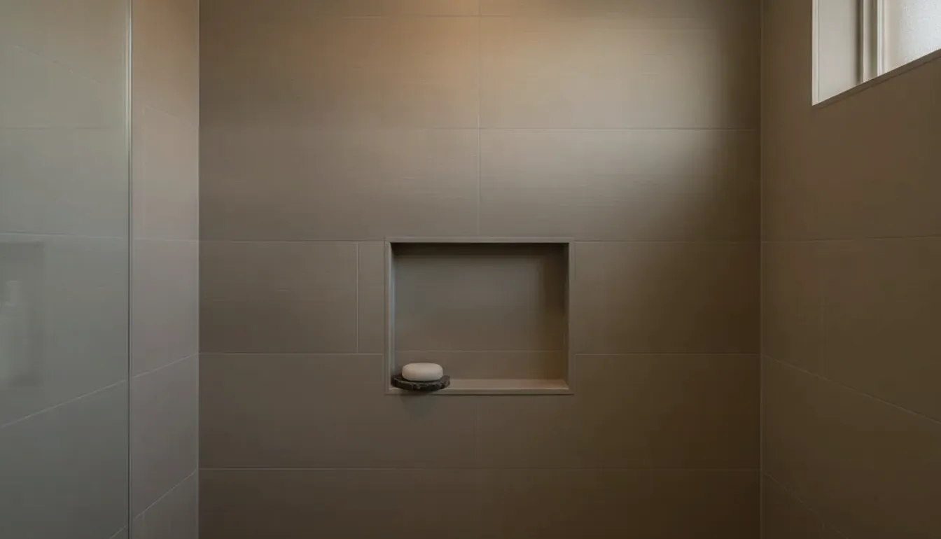 Recessed niche set into a smooth gray shower wall