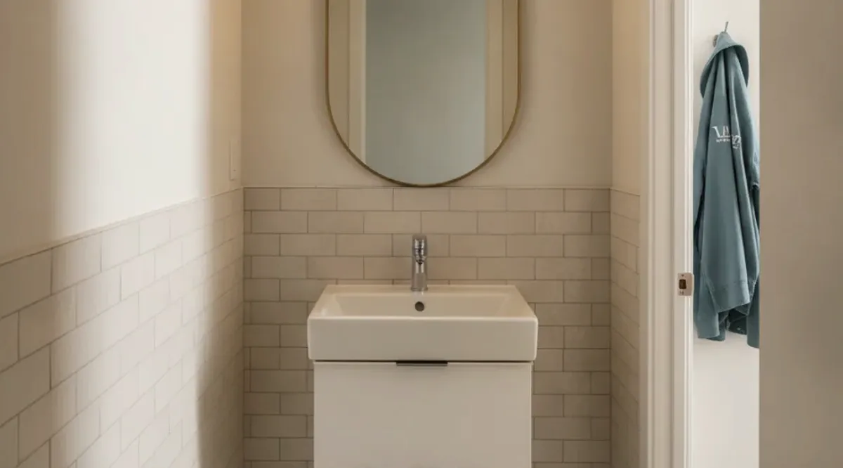 Compact bathroom with a small vanity and an open door edge