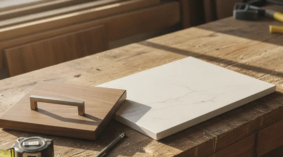 Wood vanity door sample and a white countertop sample on a workbench