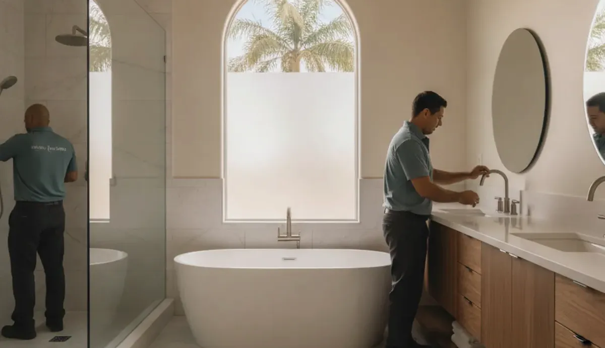 Installers finishing a primary bathroom with a freestanding tub and arched window