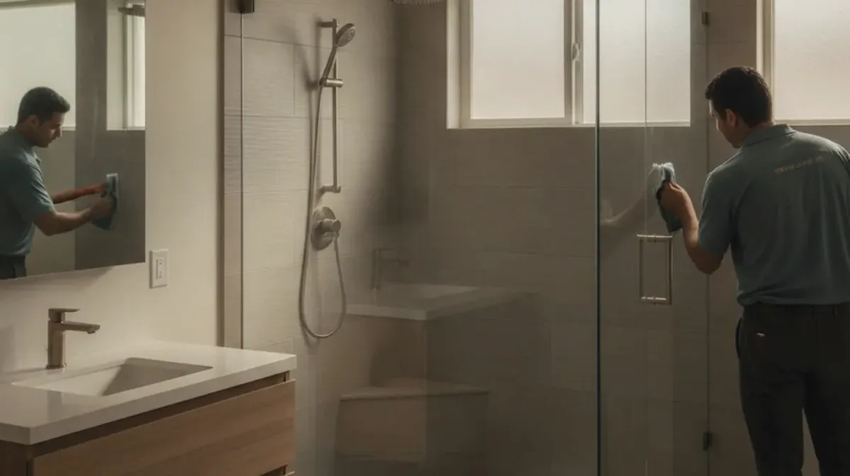 Installer finishing a new walk-in shower with a glass door