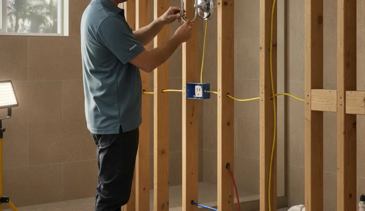 Installer running wiring through open bathroom wall framing