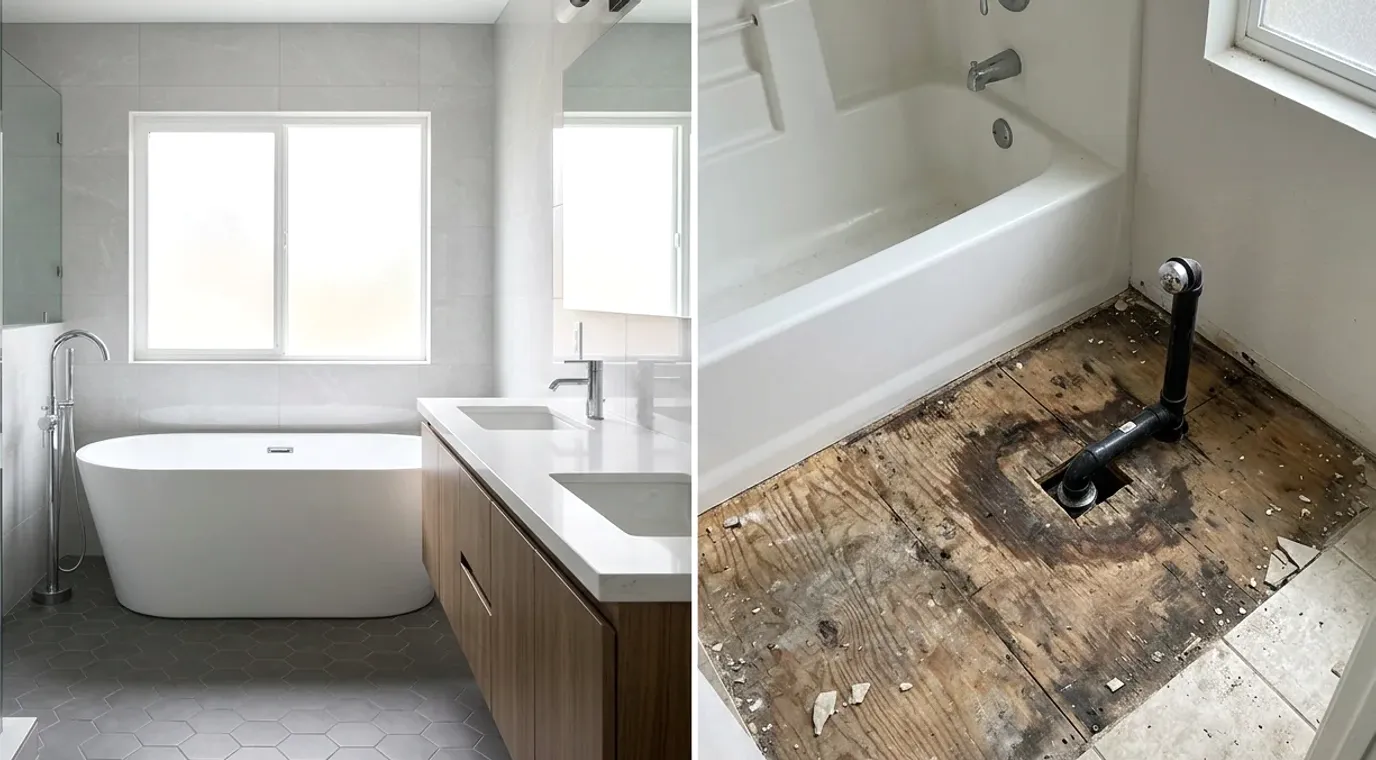 Finished bathroom beside a torn-out floor showing a damaged subfloor around the toilet drain