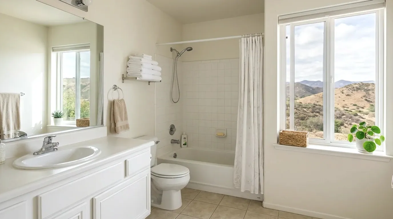 White bathroom with a tub and shower curtain and hills outside the window