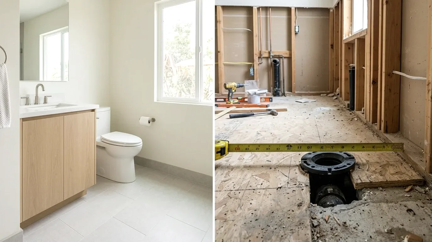 Finished bathroom beside a gutted floor with an exposed toilet flange