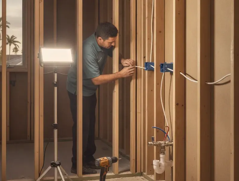An electrician wires vanity sconces and a GFCI outlet during rough-in for a San Diego bathroom remodel