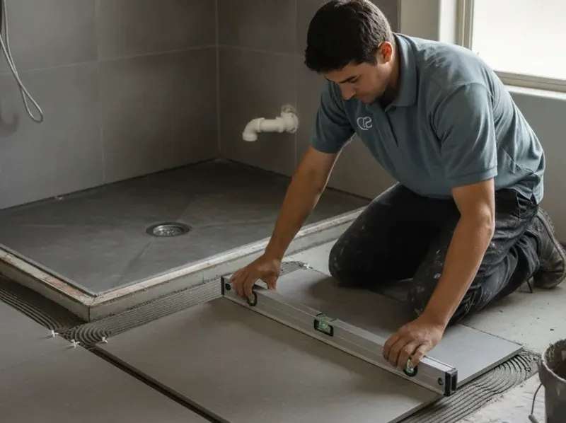 A San Diego bathroom floor mid-install with large-format porcelain tile and a heated floor mat underneath