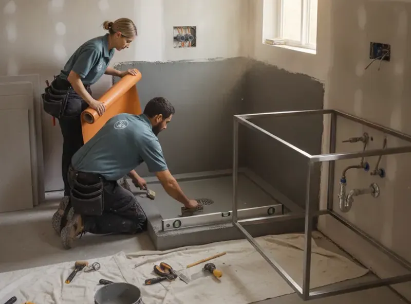 A San Diego full bathroom remodel in progress, with a crew setting large-format porcelain tile and installing a floating vanity