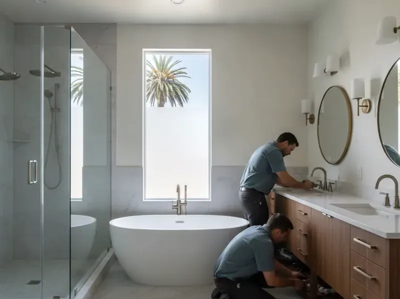 A San Diego master bathroom remodel featuring a freestanding tub, frameless glass shower, and double vanity
