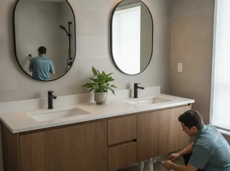 In a San Diego primary bath, a custom double vanity featuring quartz counters, undermount sinks, and a framed mirror