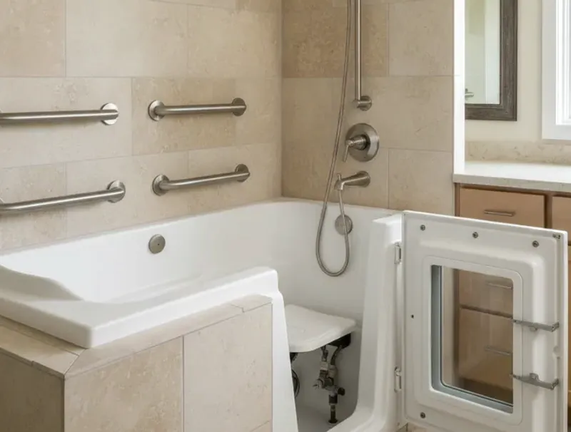 A San Diego accessibility bathroom featuring a walk-in tub that includes a built-in seat, a grab bar, and a handheld shower wand